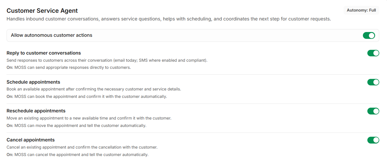 MOSS AI employee settings — per-action permission toggles for the Customer Service Agent