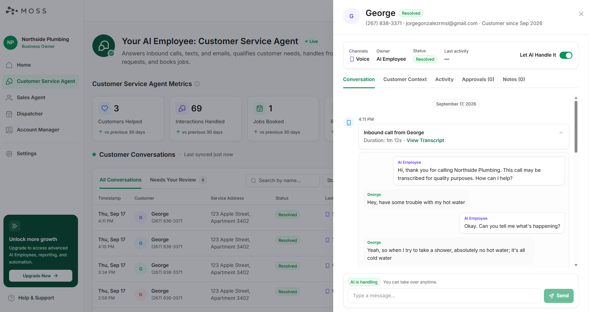 MOSS Customer Service Agent conversation view with a live call transcript