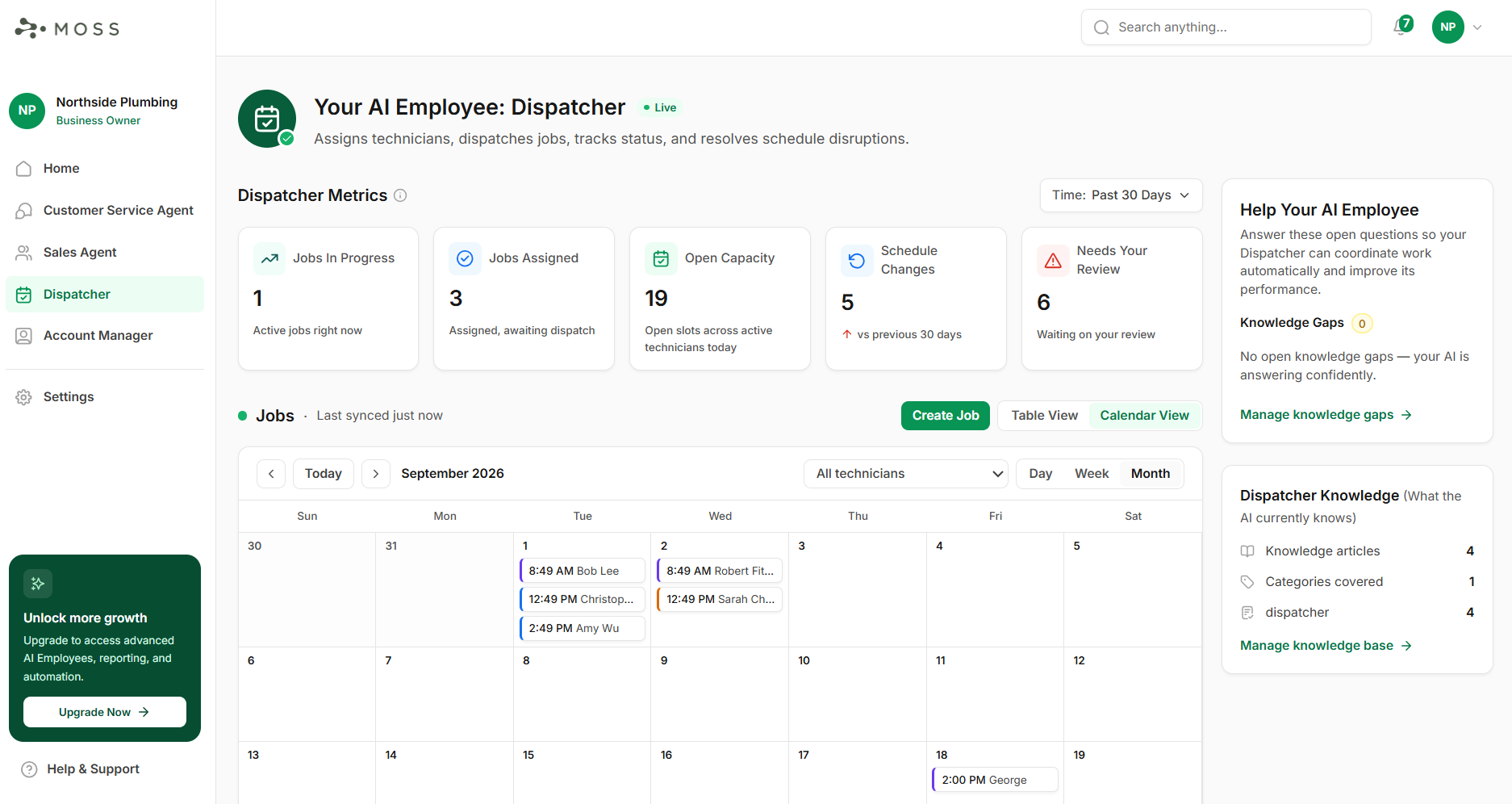 MOSS Dispatcher calendar view with scheduled jobs across technicians