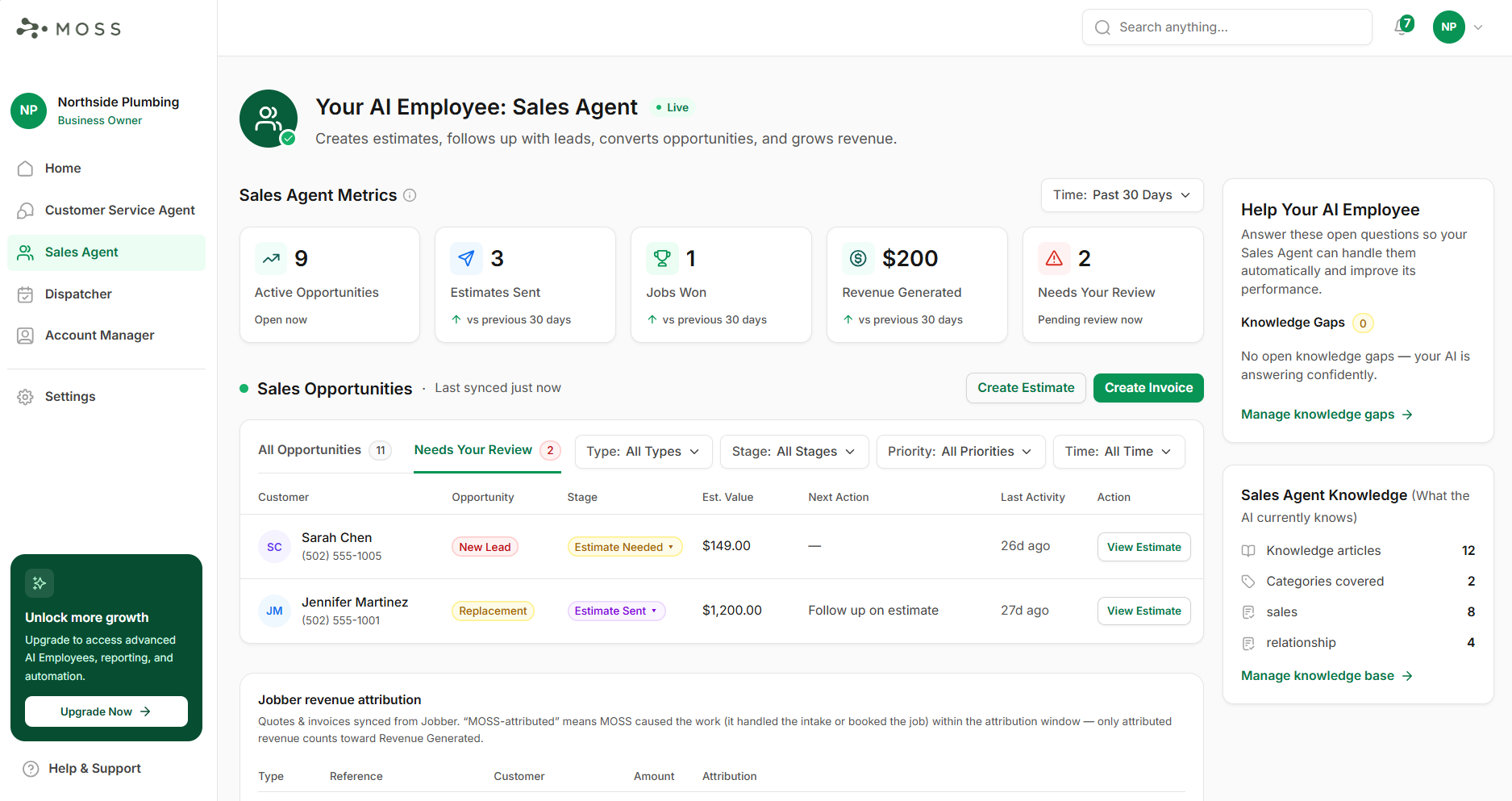 MOSS Sales Agent dashboard with opportunities, estimates, and revenue attribution